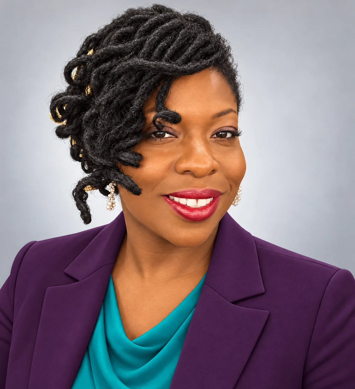 Illustrated portrait of Tiffany Browne wearing a plum suit and teal blouse